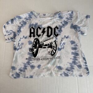 ACDC For Those About To Rock Tie Dye Graphic Crop T-Shirt Blue White Small